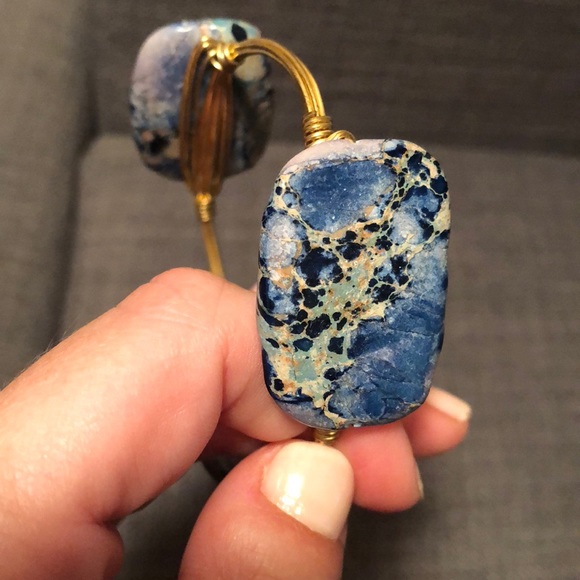 Blue Stone Gold Wrapped Wire Bangle - Picture 6 of 7